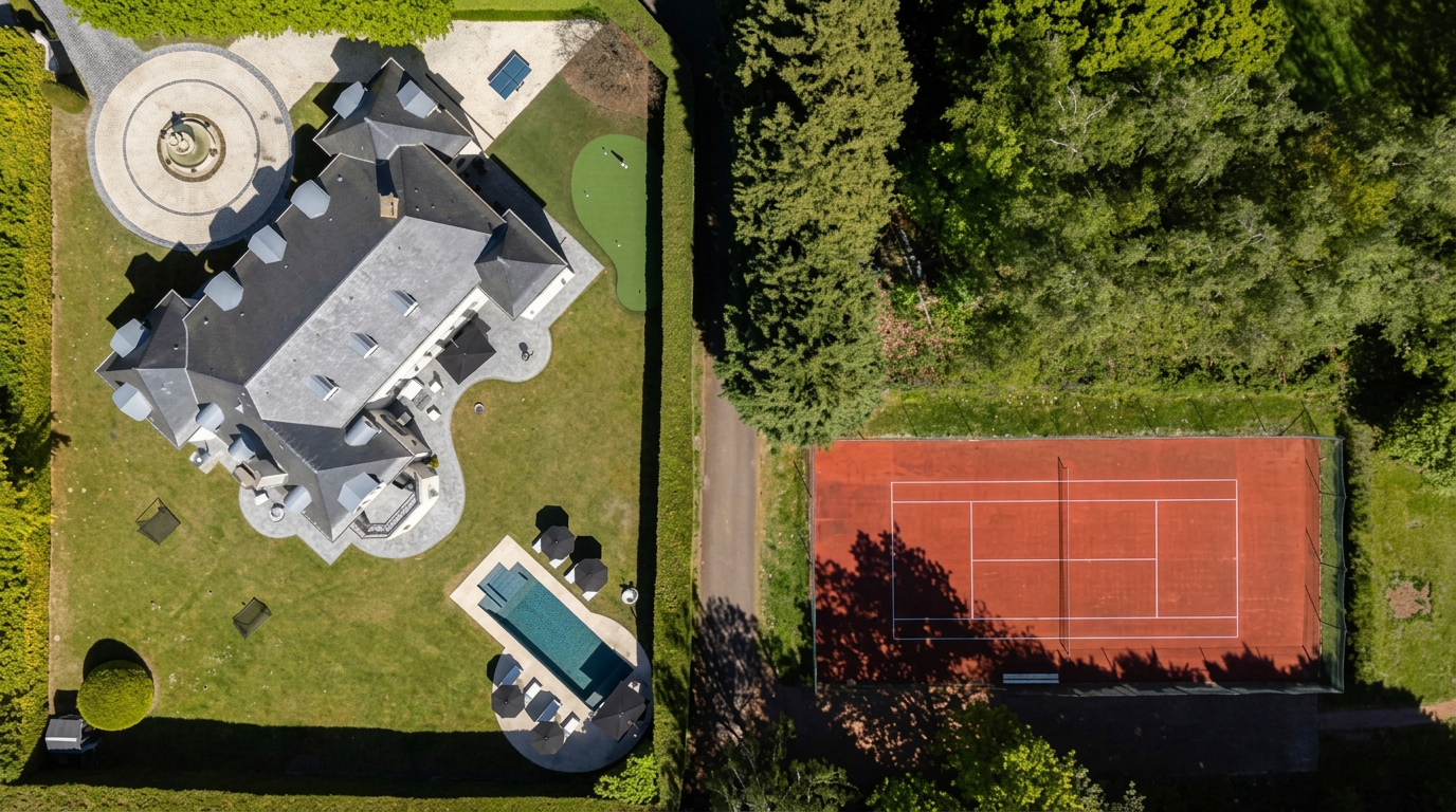 Overhead view of the villa, pool and tennis court