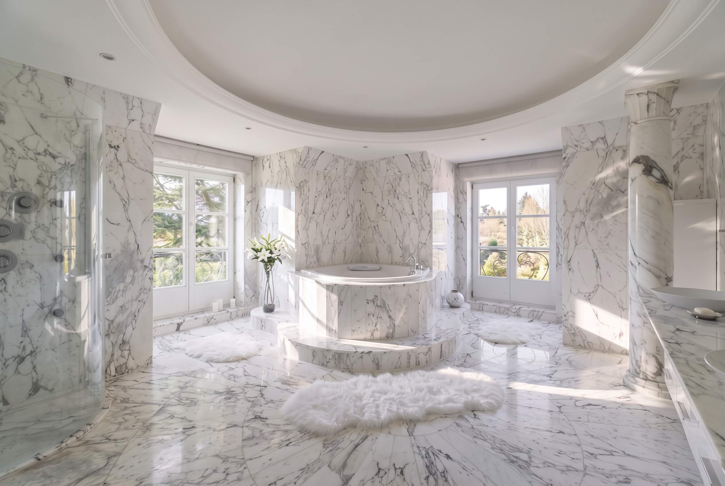 Marble bathroom with round bathtub
