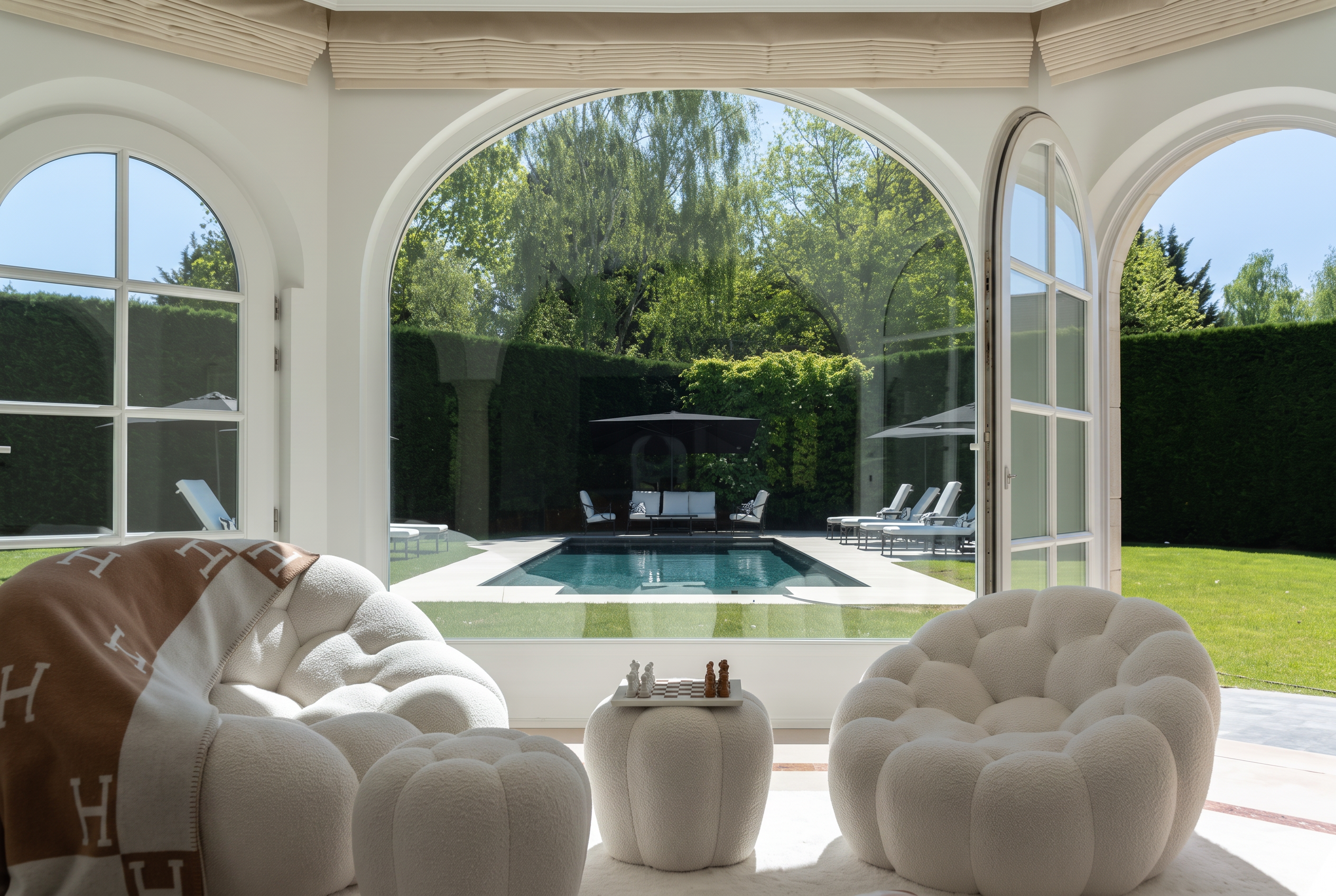 Outdoor pool seen through the arched loggia